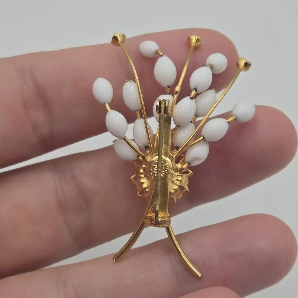 Vintage Made Austria Signed Milk Glass Flower Brooch Rhinestones Spray Gold Tone